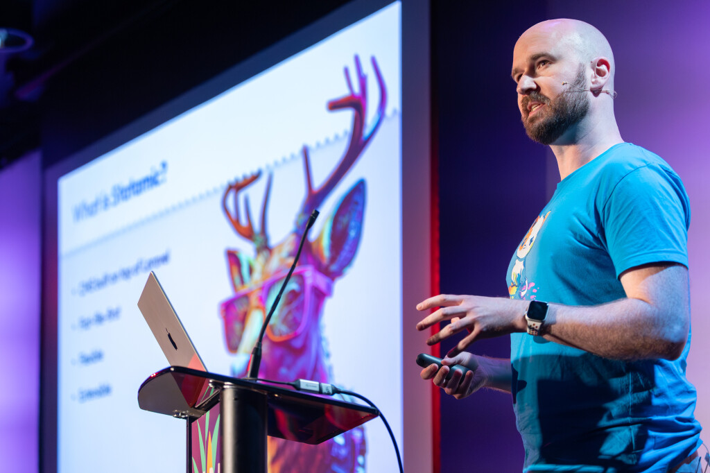 Marty Friedel speaking about Statamic at Laracon AU 2023