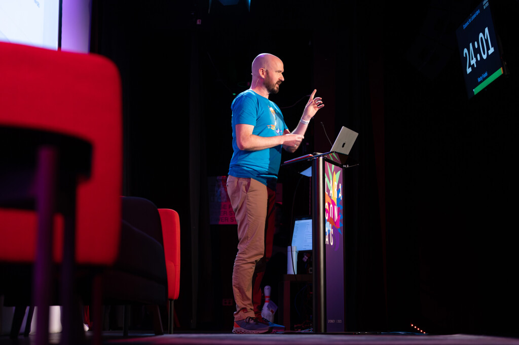Marty Friedel speaking at Laracon AU 2023