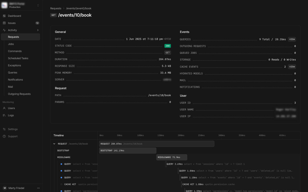 An overview of a request from a Laravel app