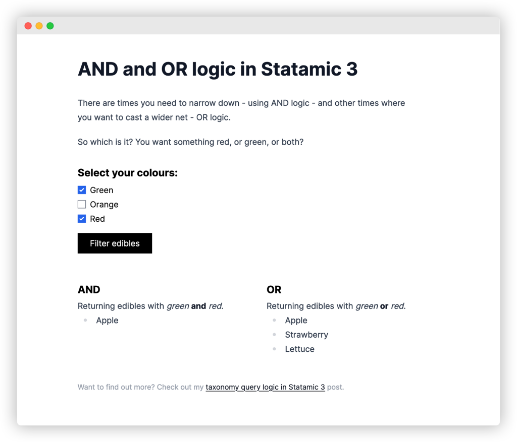 A screenshot of the demo for AND and OR logic when querying Taxonomies in Statamic 3
