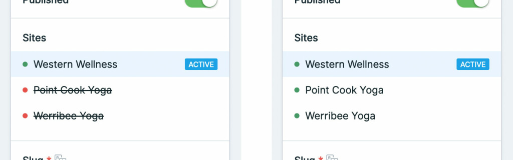Before, showing non-default sites disabled, and after, showing non-default sites active